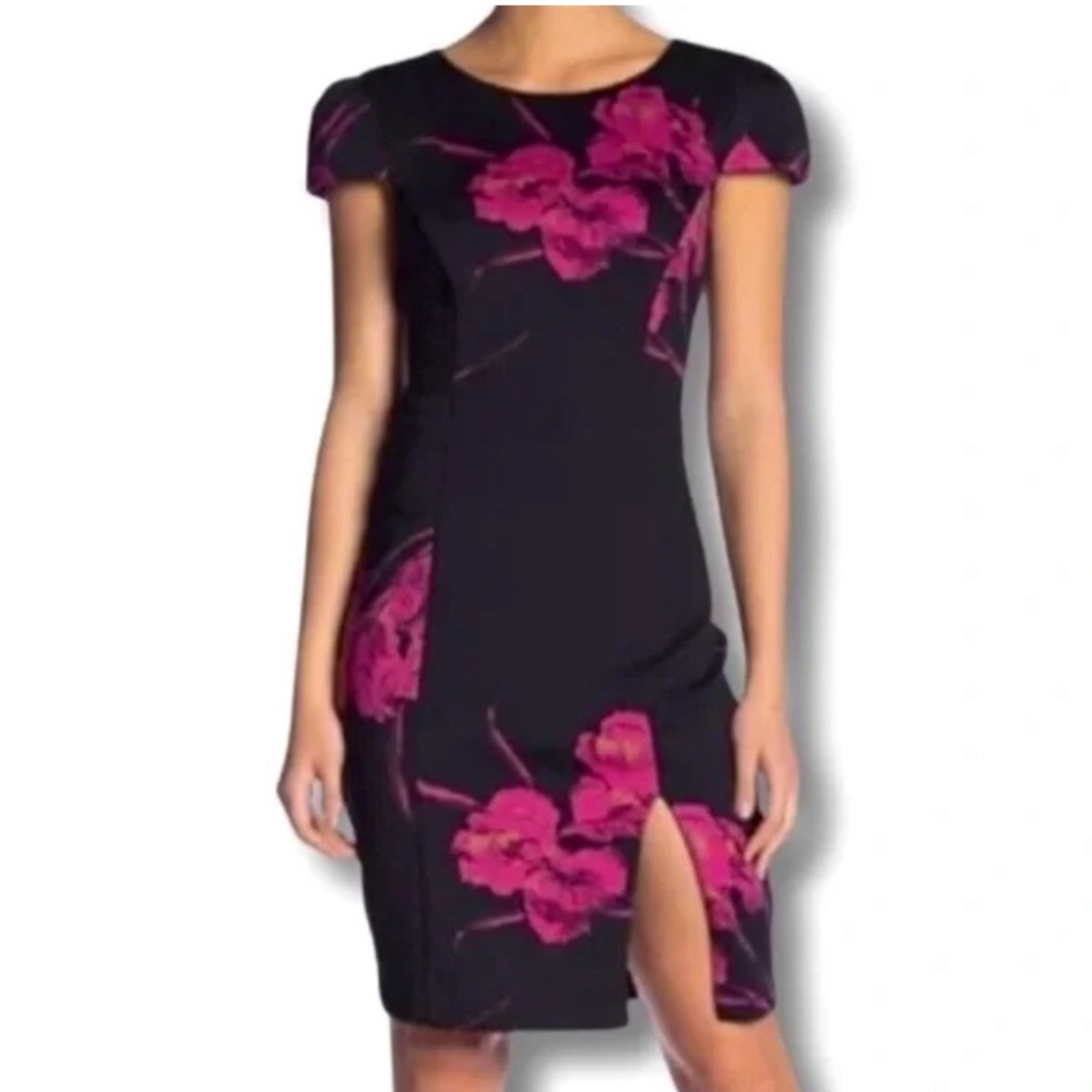 Betsey Johnson Black and Pink Slit Midi Dress with Short Sleeves